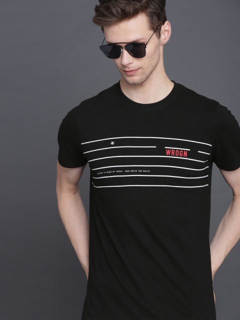 

WROGN Men Black Printed Slim Fit Round Neck T-shirt
