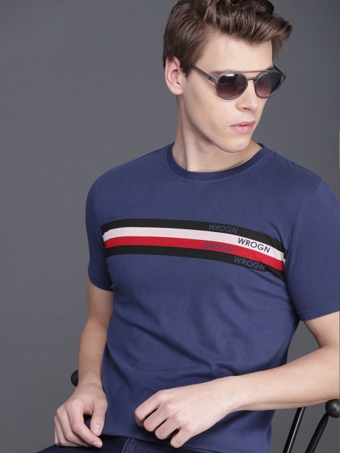 

WROGN Men Navy Blue & Black Striped Slim Fit Round Neck T-shirt