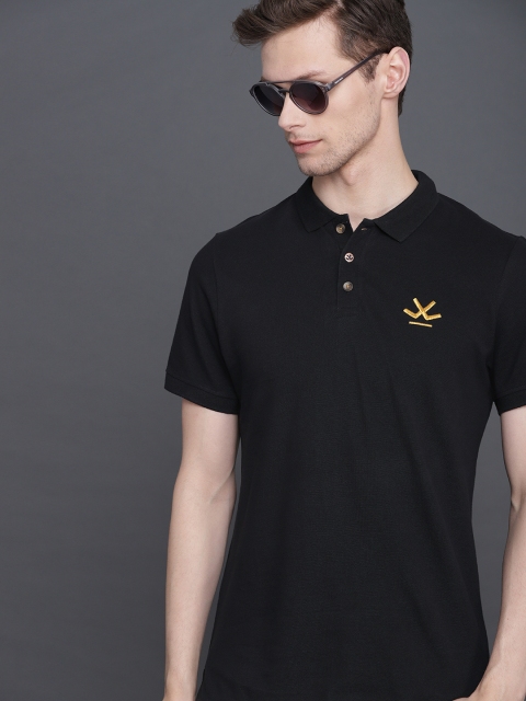 

WROGN Men Black Solid Polo Collar Pure Cotton T-shirt
