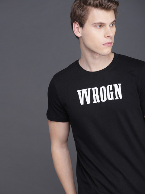 

WROGN Men Black Printed Slim Fit Round Neck Pure Cotton T-shirt