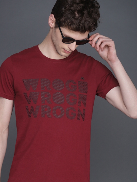 

WROGN Men Maroon & Black Slim Fit Printed Round Neck T-shirt
