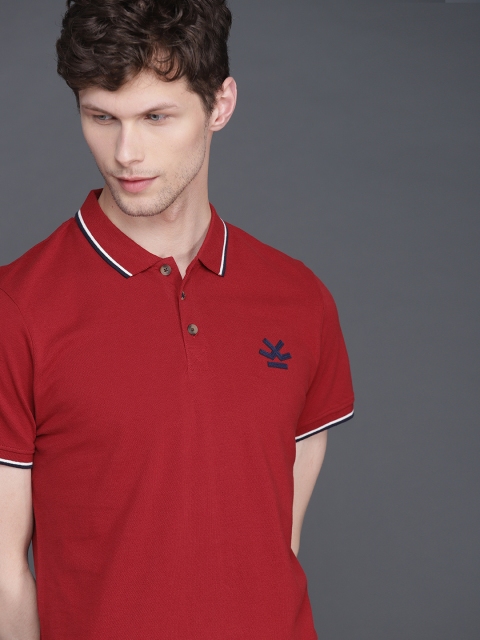 

WROGN Men Red Slim Fit Solid Polo Collar Pure Cotton T-shirt