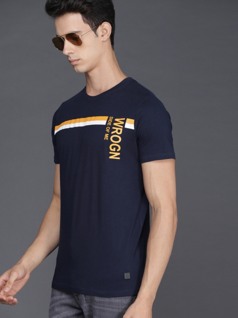 

WROGN Men Navy Blue Printed Round Neck T-shirt