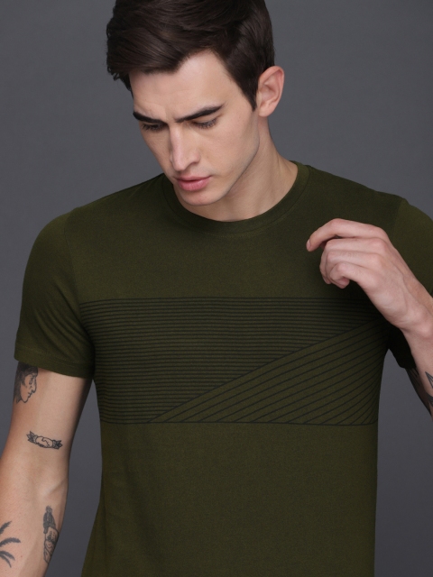 

WROGN Men Olive Green Striped Slim Fit Round Neck T-shirt