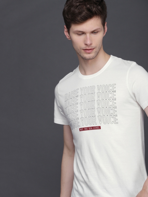 

WROGN Men White Black Printed Slim Fit Round Neck Pure Cotton T-shirt