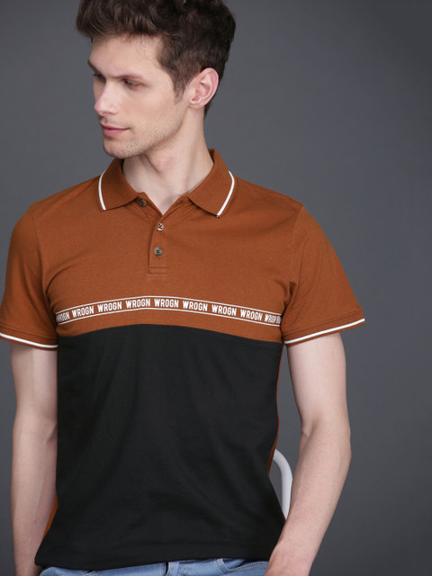 

WROGN Men Brown & Black Slim Fit Colourblocked Polo T-shirt