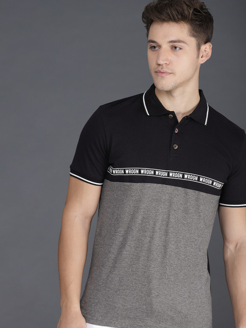 

WROGN Men Black Grey Colourblocked Slim Fit Polo Collar Pure Cotton T-shirt