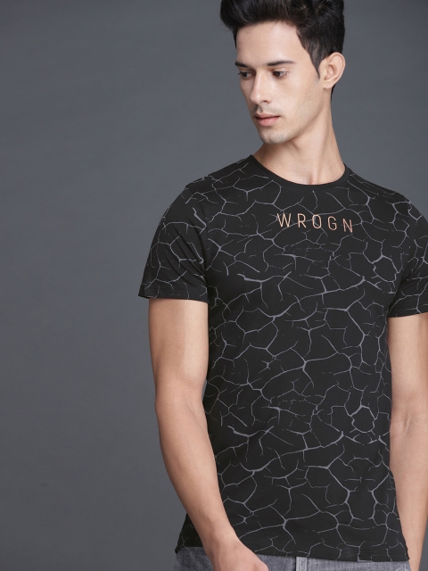 

WROGN Men Black & Grey Printed Round Neck T-shirt