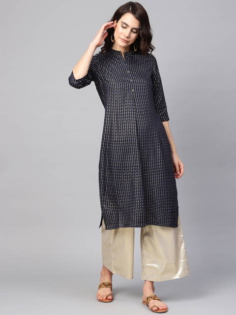 

W Women Navy Blue & Golden Quirky Printed Straight Kurta