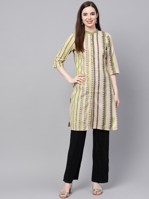 

W Women Beige & Black Printed Straight Kurta