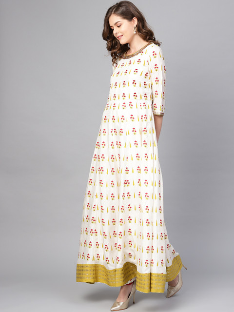 

W Women Off-White & Green Printed Anarkali Kurta