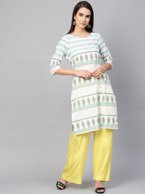 

W Women White & Blue Printed Straight Kurta