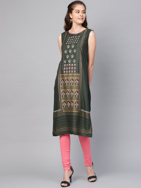 

W Women Green Floral Print Straight Kurta