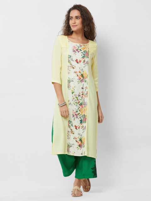 

Naari Women Yellow Floral Embroidered Straight Kurta