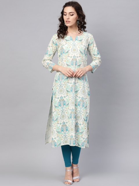 

AHIKA Women Off-White & Blue Printed Straight Kurta