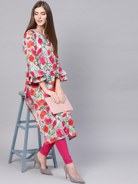 

AHIKA Women Blue & Pink Floral Printed Straight Kurta