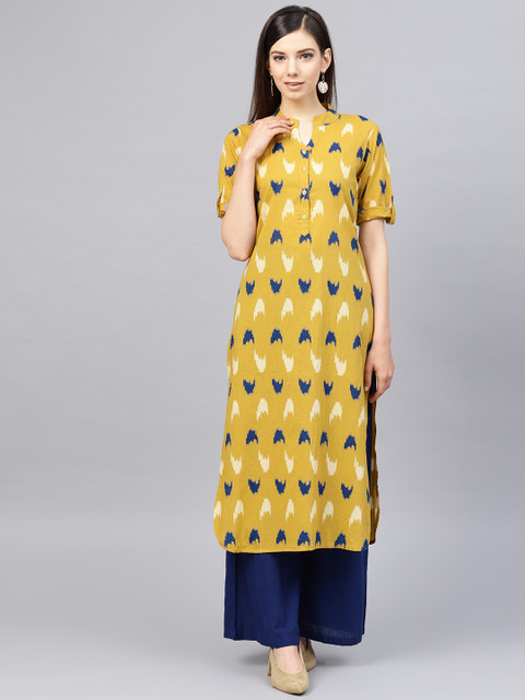 

AHIKA Women Mustard Yellow & Blue Printed Straight Kurta