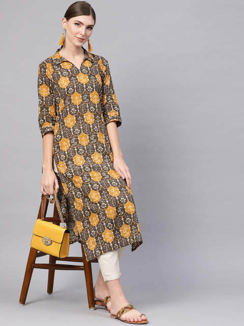 

AHIKA Women Brown & Mustard Yellow Printed Straight Kurta