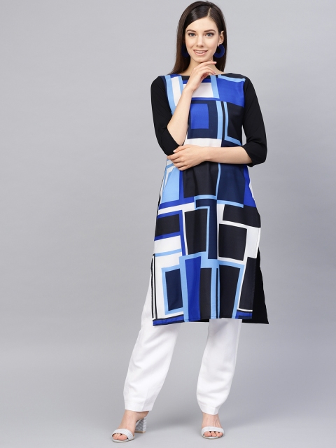 

AHIKA Women Black & Blue Printed Straight Kurta