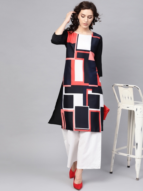 

AHIKA Women Black & Peach-Coloured Printed Straight Kurta