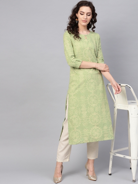 

AHIKA Women Green & Cream-Coloured Printed Straight Kurta