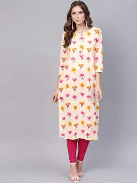 

AHIKA Women Cream-Coloured & Pink Printed Straight Kurta