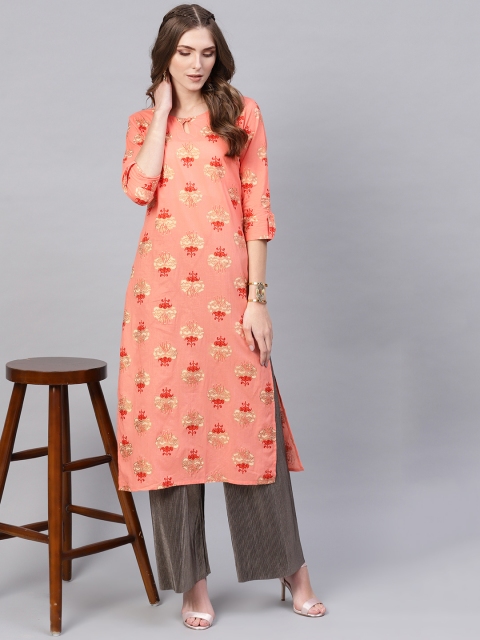 

AHIKA Women Coral Pink & Beige Printed Straight Kurta