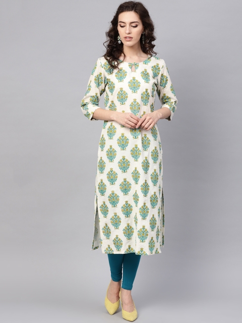 

AHIKA Women Off-White & Blue Printed Straight Kurta