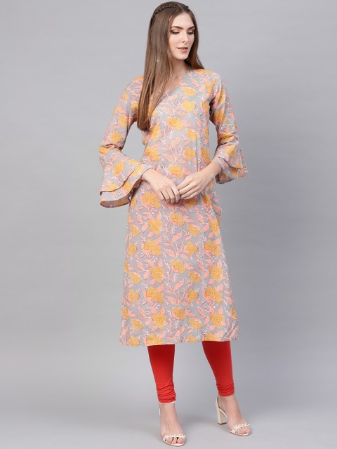 

AHIKA Women Grey & Yellow Printed Straight Kurta