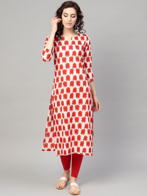 

AHIKA Women Off-White & Red Printed Straight Kurta