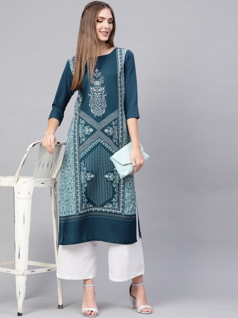 

AHIKA Women Teal Blue & Off-White Printed Straight Kurta
