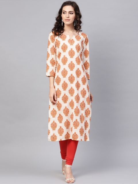 

AHIKA Women Off-White & Orange Printed Straight Kurta