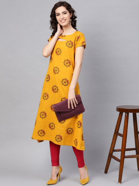 

AHIKA Women Mustard Yellow & Brown Printed A-Line Kurta