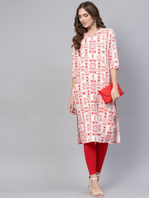 

AHIKA Women White & Orange Printed Straight Kurta