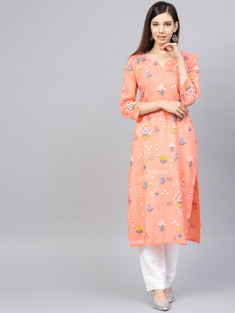 

AHIKA Women Peach-Coloured & White Printed Straight Kurta