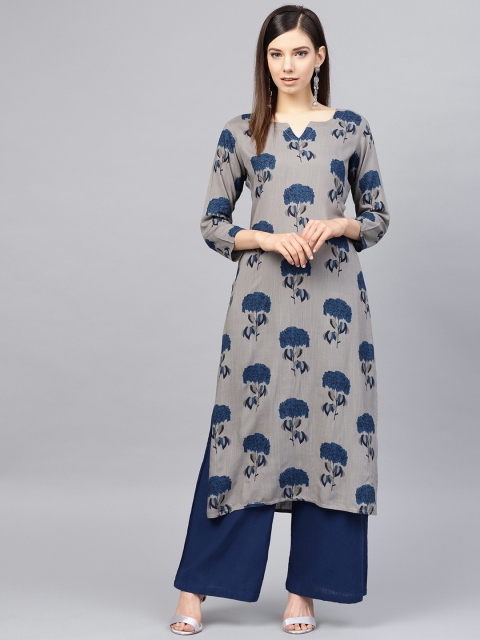 

AHIKA Women Grey & Blue Floral Printed Straight Kurta