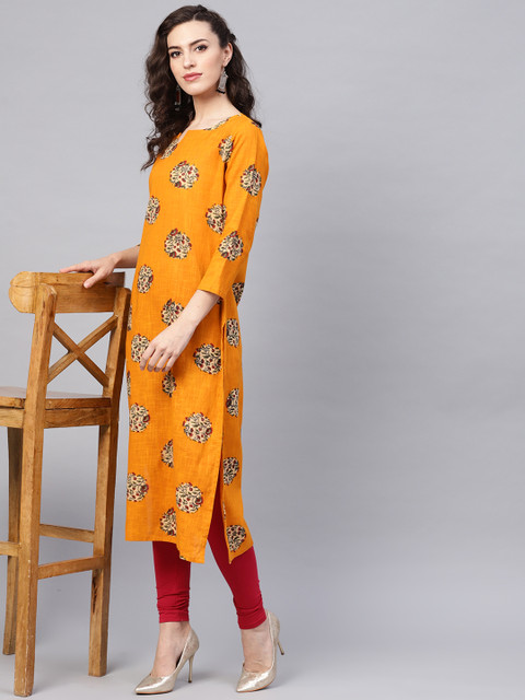 

AHIKA Women Yellow & Beige Floral Printed Straight Kurta