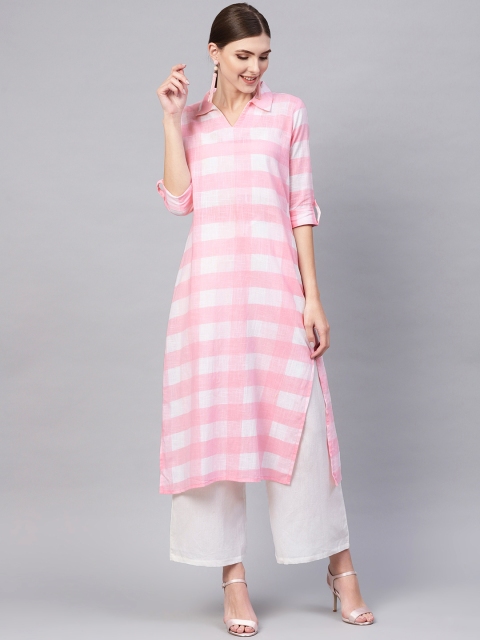 

AHIKA Women Pink & White Checked Straight Kurta