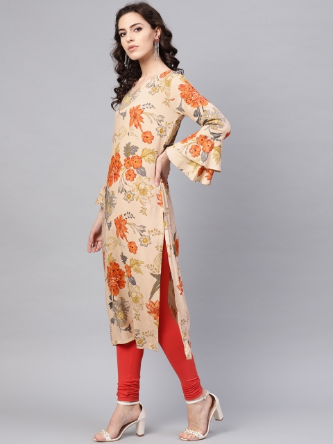 

AHIKA Women Beige & Orange Floral Printed Straight Kurta