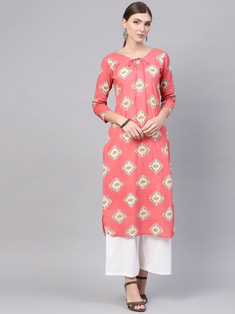 

AHIKA Women Pink & White Printed Straight Kurta