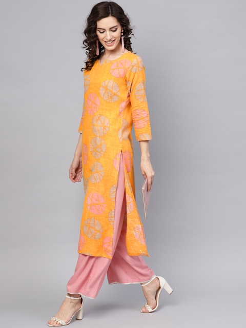 

AHIKA Women Orange & Pink Printed Straight Kurta