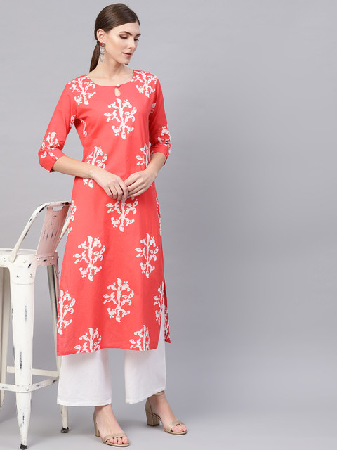 

AHIKA Women Pink & White Printed Straight Kurta