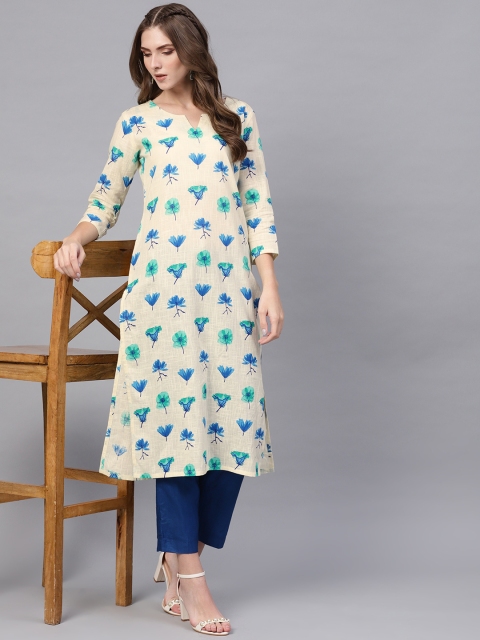 

AHIKA Women Cream-Coloured & Blue Printed Straight Kurta