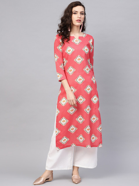 

AHIKA Women Pink & White Printed Straight Kurta