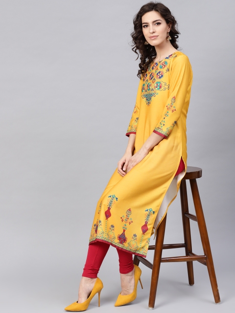

AHIKA Women Mustard & Green Yoke Design Straight Kurta