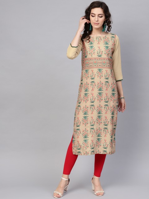 

AHIKA Women Beige & Green Printed Straight Kurta