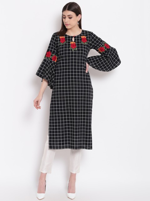 

Shakumbhari Women Black & White Checked Straight Kurta With Floral Patchwork Detail