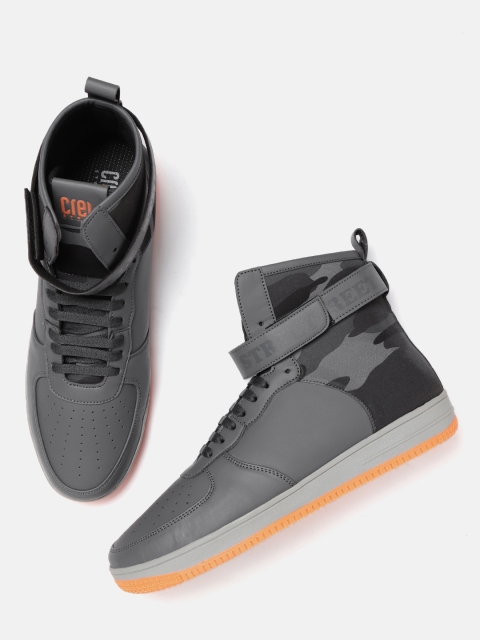 

Crew STREET Men Grey & Black Perforations Camouflage Print Mid-Top Sneakers