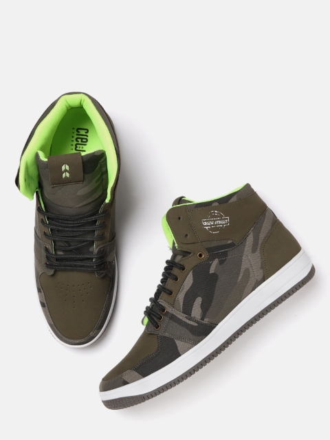 

Crew STREET Men Olive Green & Black Camouflage Print Mid-Top Sneakers