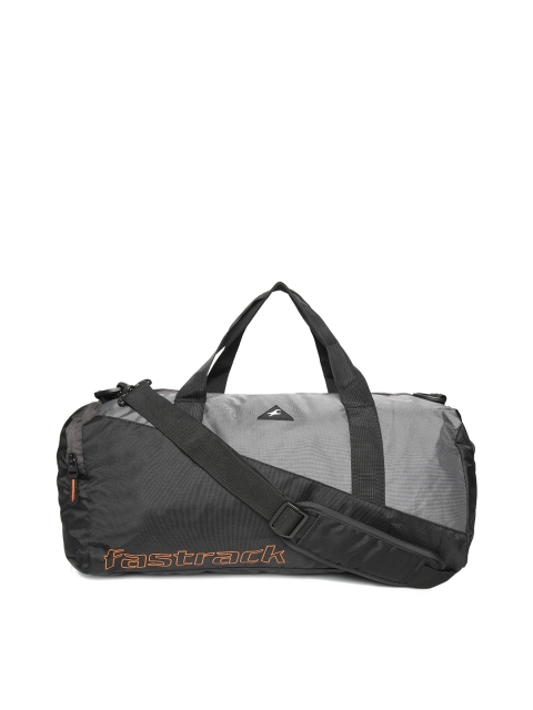 

Fastrack Unisex Black & Grey Colourblocked Duffel Bag with Printed Detail